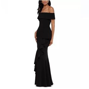 Betsy & Adam Gown Black Asymmetrical Ruffled Maxi Dress Strapless Formal Wedding